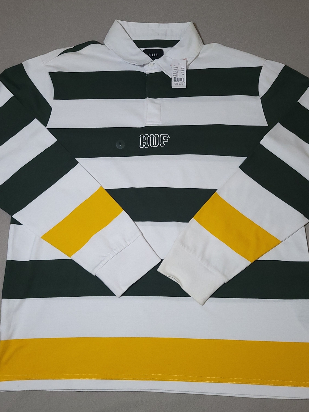 NWT HUF Striped Long Sleeve Rugby Shirt L Green Embroidered Logo Blokecore Retro